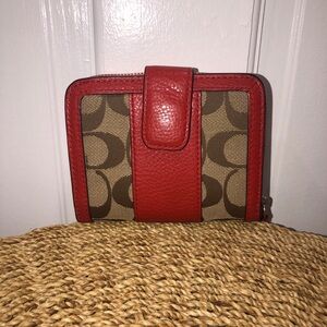 Coach Brown Signature Canvas Wallet with Red Leather Trim